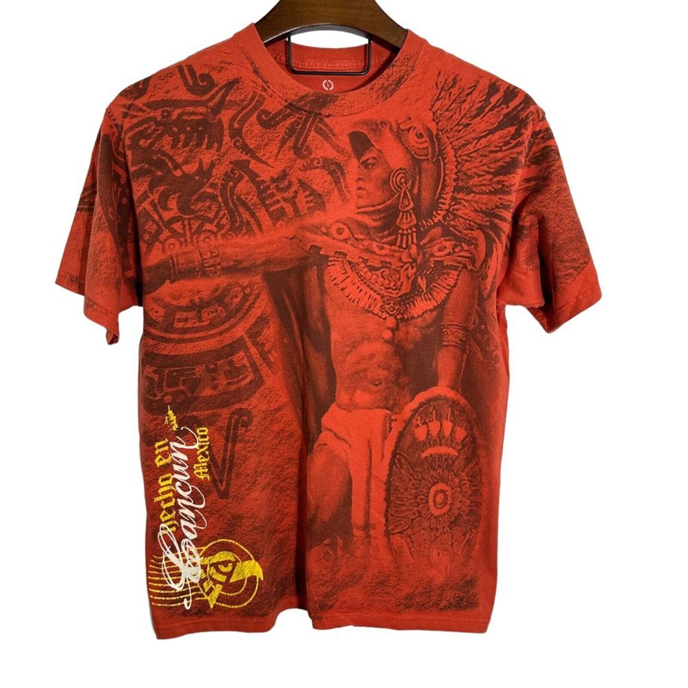 Sacbe Cancun Aztec Mexico Orange AOP Front Affliction Cotton T-Shirt Size Large